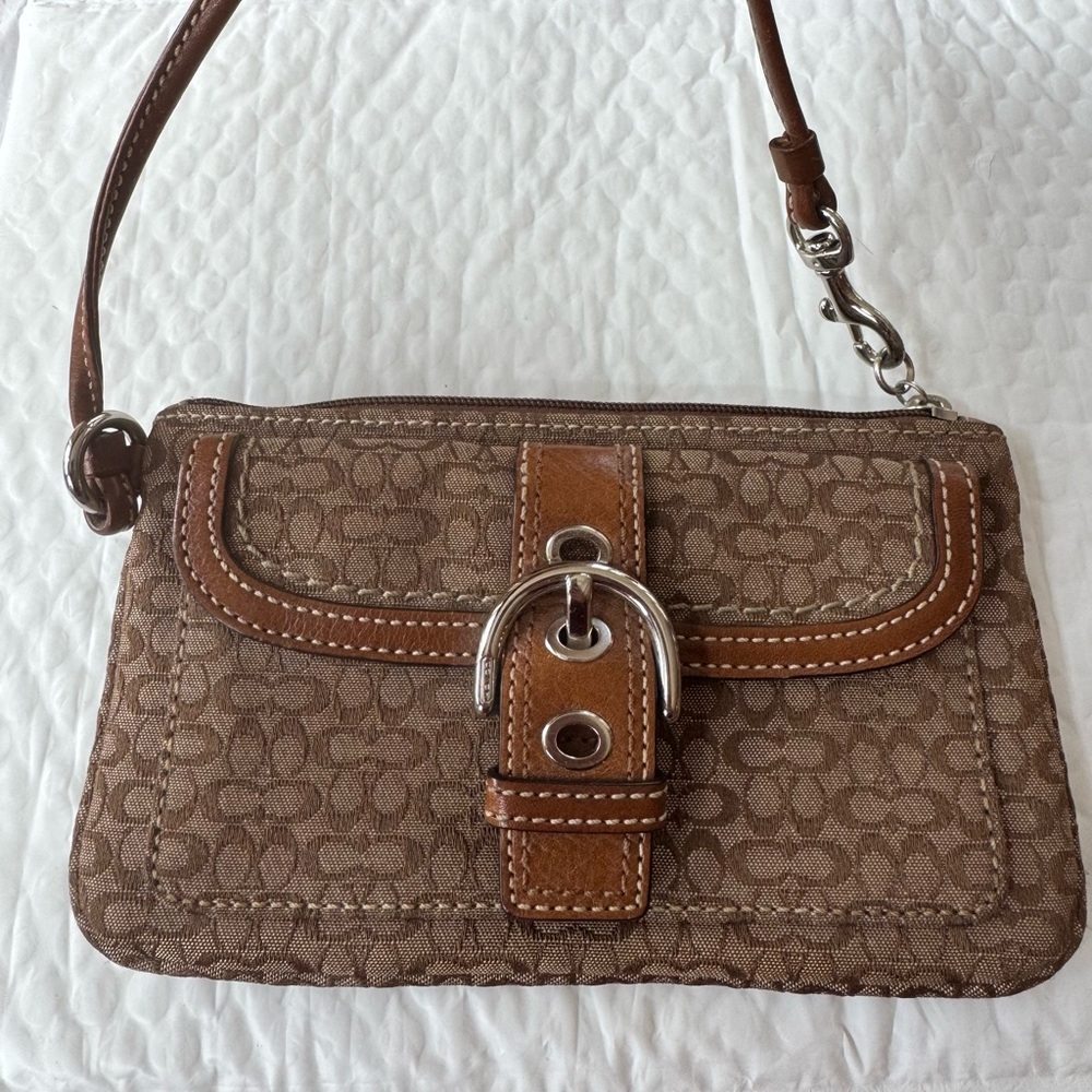 Genuine coach monogram brown leather wristlet